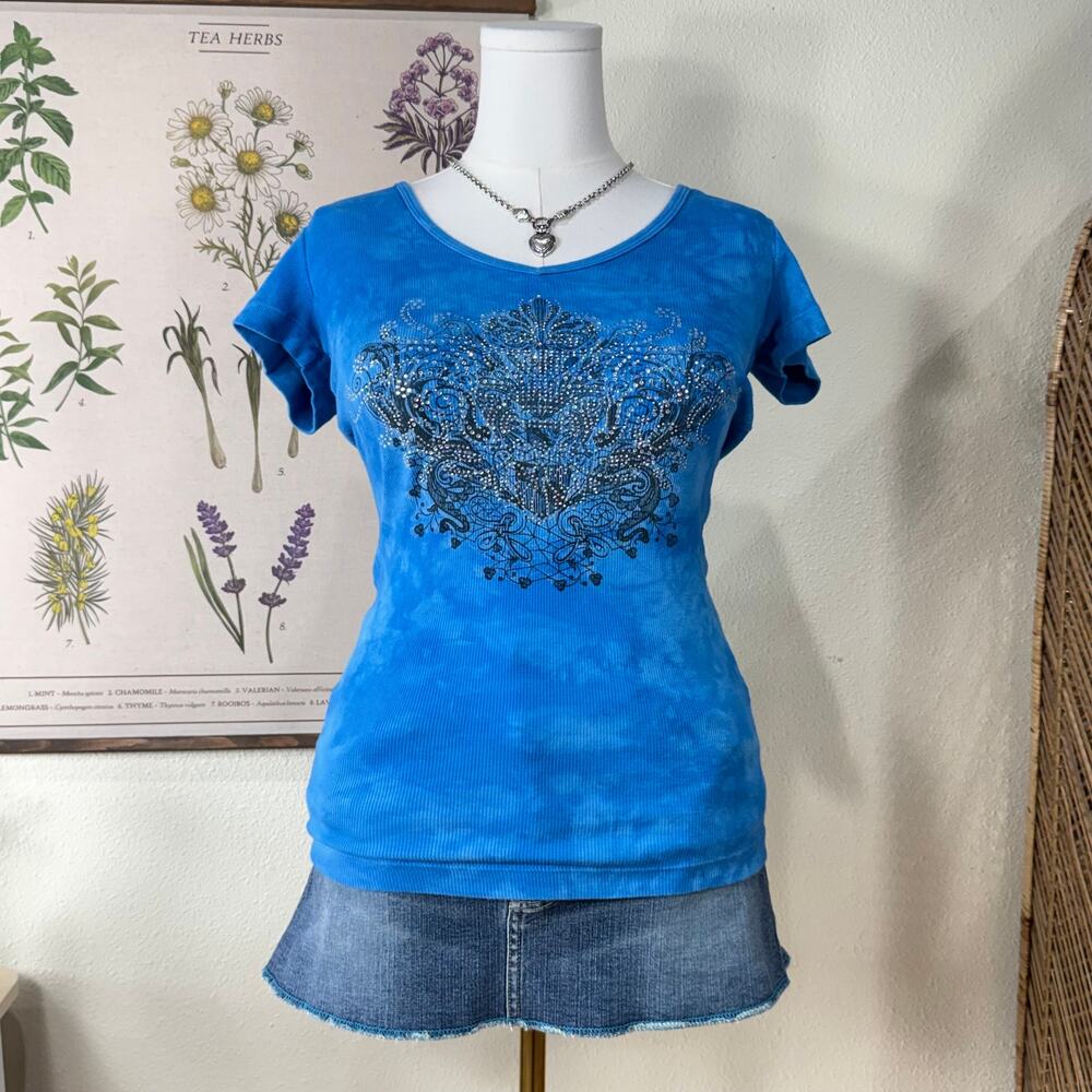 90s Y2k Ribbed Rhinestone Graphic Tee Rockstar Girlfriend Fairy Grunge McBling S